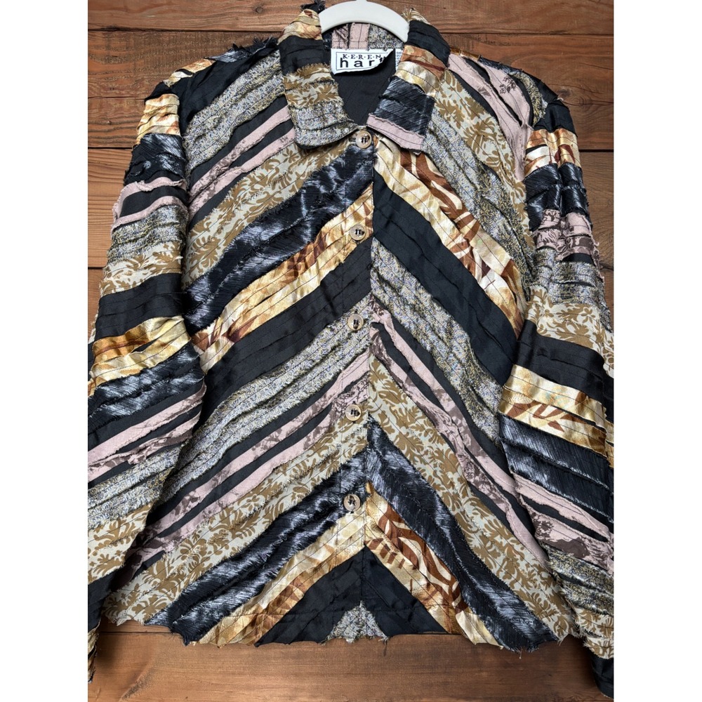Keren Hart Jacket Womens L Patchwork Ribbon Button Up Lined Art to Wear